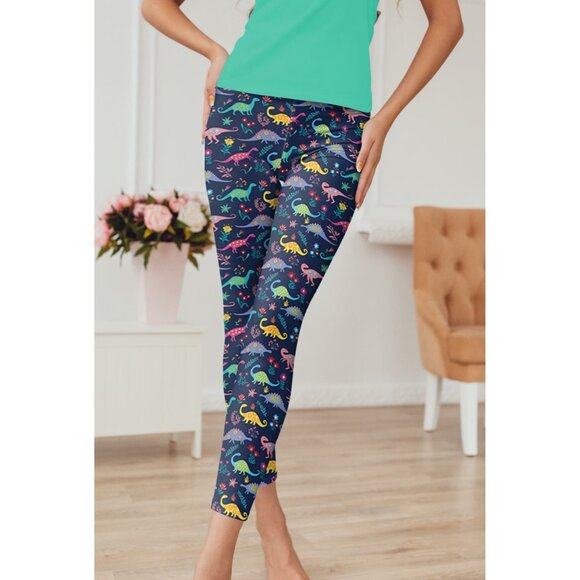 Colorful Floral Dinosaur Print Soft Navy Blue Kids Leggings - Picture 3 of 4